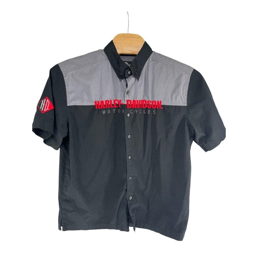 Men's Sz XL Harley Davidson Embroidered Colorblock Mechanic/Shop Shirt Short Sle